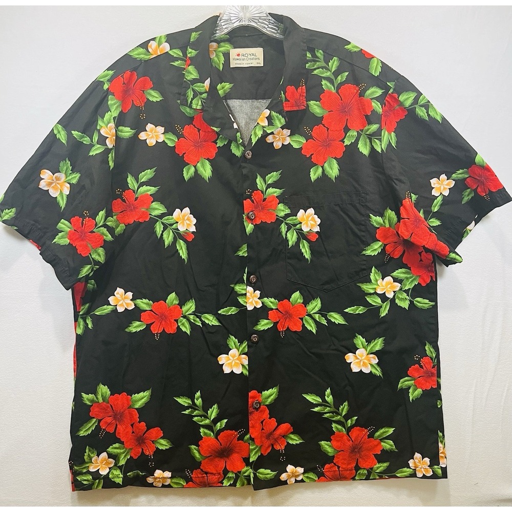 Royal Hawaiian Creations 2XL Blk Red Orange Hibiscus Floral Hawaiian Aloha Shirt
